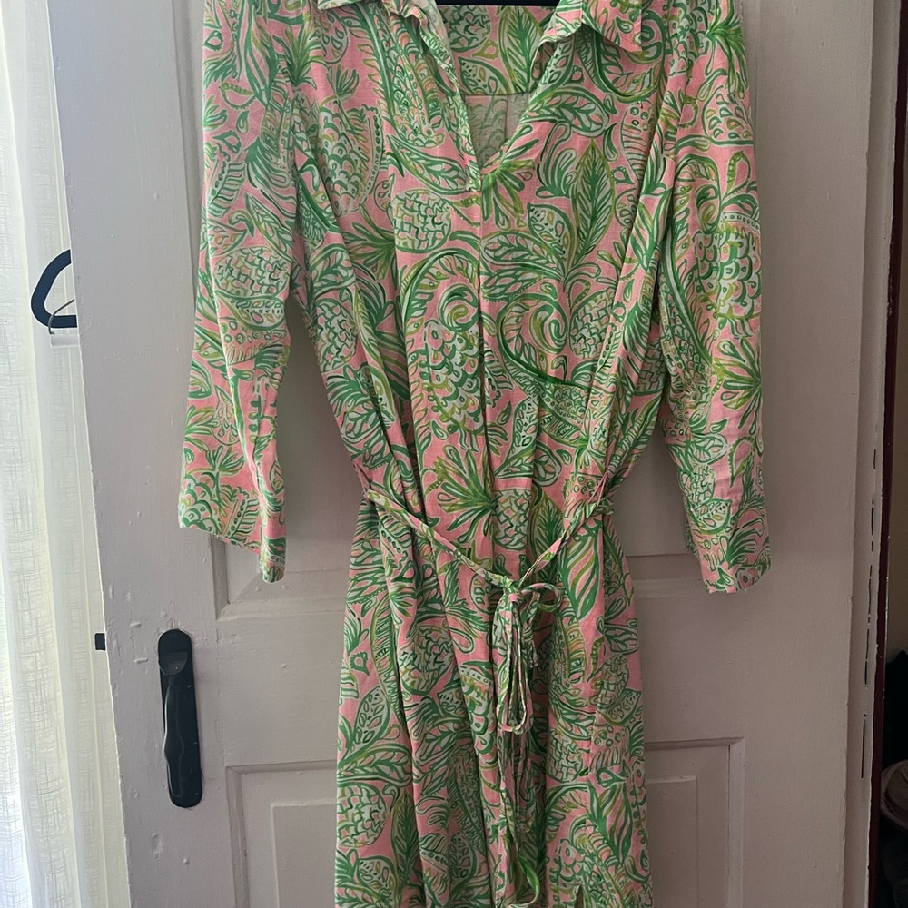 Lilly Pulitzer Pink and Green Leaf Print linen dress